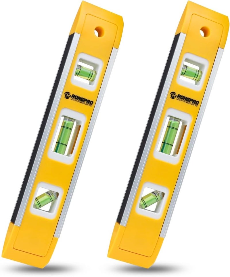 RONGPRO 9 Inch Torpedo Level, Magnetic Box Level with 45°/90°/180° Bubbles, Shock Resistant Bubble Level Tool for Measuring - 2 PCS - Image 1